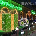 Duży prezent w zielono-białe kropki, ozdobna kula w kształcie płatka śniegu - komponenty elektryczne i oświetlenie Polamp.