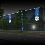 Budynek szklany oświetlony niebieskimi latarniami - komponenty elektryczne i oświetlenie Polamp