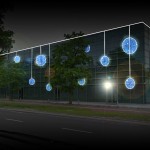 Budynek szklany oświetlony niebieskimi, świecącymi kulami - komponenty elektryczne i oświetlenie Polamp
