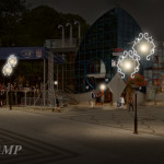 Nocna, iluminowana scena rynku z ozdobnymi lampami - komponenty elektryczne i oświetlenie Polamp.