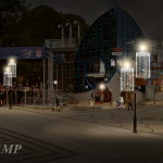 Plac nocą z budynkami, dekoracjami świetlnymi i ludźmi. - komponenty elektryczne i oświetlenie Polamp