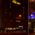Budynek z logiem Polsat, oświetlona choinka - komponenty elektryczne i oświetlenie Polamp