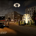 Nocna scena miasta z budynkami, oświetleniem i fontanną świetlną - komponenty elektryczne i oświetlenie Polamp