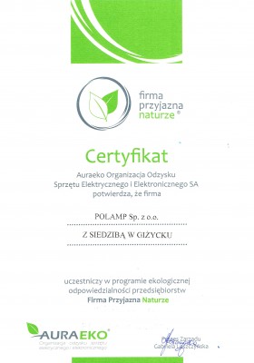 CERTYFIKAT ” Firma przyjazna naturze „