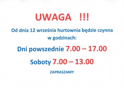 Nowe godziny otwarcia Hurtowni