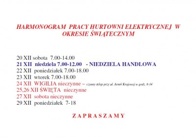 Harmonogram pracy hurtowni elektrycznej w okresie świątecznym